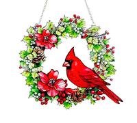 Cardinal Stained Glass Window Hanging, REESTEC 25CM Red Bird Christmas Wreath Stained Glass Suncatcher with Floral & Pinecone Holiday Window Decor Gift for Bird Lovers Home & Garden Decoration