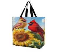 Cardinal Sunflower Bird Lightweight Large Shopping Bag with Inside Pocket Reusable Grocery Bags Foldable Shoulder Handbag