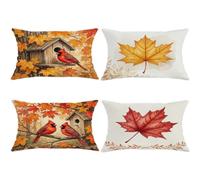 Cardinal Throw Pillow Covers Set of 4, Autumn Rustic Maple Leaf Birdhouse Fall Red Soft Velvet Washable Cover Decorative Pillows for Home Bedroom Living Room Sofa Couch Decor 20x12 Inch