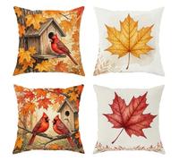 Cardinal Throw Pillow Covers Set of 4, Autumn Rustic Maple Leaf Birdhouse Fall Red with Hidden Zipper Square Pillow Cases for Living Room Bedroom Loft Office Car Decor 12x12 Inch