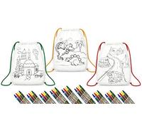 Cardor - 15pk Kids Drawstring Colouring Party Bags with 15x Crayon Packs | Non Toxic Color Your Own Backpacks | Each Pack - 5x Dinosaur, 5x Transport & 5x Castle Design Bags | Birthday, Party Favours