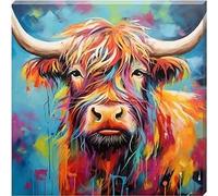 Cards Tilly Colourful Highland Cow Canvas Scottish Wall Art Canvas Picture (18" x 18" (457mm x 457mm))