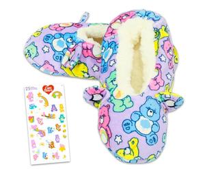 Care Bears Slipper Sock Set - Bundle with Fuzzy House Slippers Featuring Wish Bear, Cheer Bear, More Plus Stickers Slippers for Women Size M/L