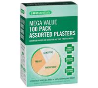 Care Essentials Mega Value Assorted Plasters 100 Pack | Fabric, Washproof & Sensitive Skin Adhesive Plasters | First Aid Plasters for Cuts, Scrapes & Minor Wounds | Home, Office & Travel First Aid Kit