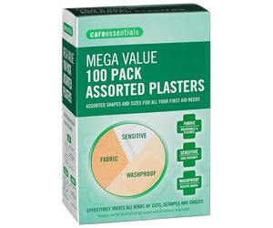 Care Essentials Mega Value Assorted Plasters 100 Pack | Fabric, Washproof & Sensitive Skin Adhesive Plasters | First Aid Plasters for Cuts, Scrapes & Minor Wounds | Home, Office & Travel First Aid Kit