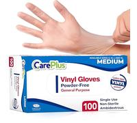 Care Plus Medium Size Disposable Vinyl Gloves Heavy Duty Non Sterile Powder Free Latex Free Rubber 100 Count Box food Safe