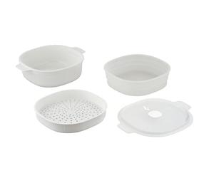 Care+Protect Microwave Vegetable Steamer With Two Trays, Large 4L, Steam Release Vent, Ideal for Steam Cooking, Serve and Store, BPA Free, Dishwasher Safe, White