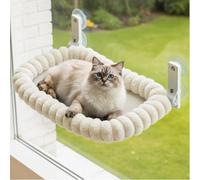 CareCooo Cat Window Hammock, Plush Cat Window Bed with 4 Powerful Suction Cups, Foldable Perch for Indoor Cats, Sturdy Steel Frame Holds 18kg, Washable, M(52x30cm), Beige