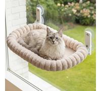 CareCooo Cat Window Hammock, Plush Cat Window Bed with 4 Powerful Suction Cups, Foldable Perch for Indoor Cats, Sturdy Steel Frame Holds 18kg, Washable, M(52x30cm), Beige
