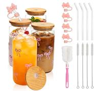 CareLoom 4 Pack Bow Glass Cups with Lids and Straws, 500ML/16OZ Cute Iced Coffee Smoothie Cup with Silicone Covers and Cleaning Brushes,Tumbler Matcha Cup for Coffee Iced Juice Soda