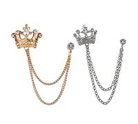 CAREOR 2 Pack Crown Brooch Hanging Chain Brooch with Engraving Metal Crystal Brooch Suit Stud Lapel Pin Vintage Rhinestone Breastpin Wedding Brooch Pin, Gold and Silver