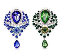 CAREOR 2 Pack Elegant Brooch Pin Corsage Faux Crystal Rhinestones Collar Safety Engraving Metal Lapel Pin Jewelry for Women Girls Clothing Accessories (Blue+Green)