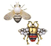 CAREOR 2 Pack Rhinestone Pearl Bee Brooch Pins Honey Bee Pendant/Brooch Fashion Crystal Insect Pins Golden or Silvery for Women (Gold+Red)