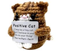 CAREOR Positive Cat, Funny Handmade Knitted Positive Crochet Cat with Positive Card, Emotional Support Inspirational Encouragement Gift Decor for Friends Birthday Family (Brown)
