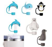 CAREOR Straw Covers Cap Adjustable Silicone Straw Topper, Dust-Proof Straw Tips Lids for Stanley Cup 30oz or 40 oz Tumbler, 0.4in/10mm, Reusable Stanley Cup Accessories (5Pack(Arctic Animals))