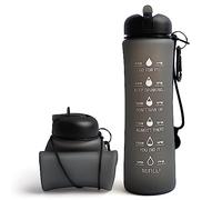 CARESWAY Motivational Water Bottle - 0.6 Litre Foldable Collapsible Gym and Sports Silicone Water Bottle - Running Drinks Bottle For Women, Men, Girls, Boys, Cycling, Hiking, Travel (Gray)
