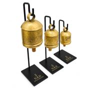 Carfar Country Rustic Harmony Cowbells with Black Metal Stands, Set of 3 Vintage Gold Antique Finish Hanging Iron Bells for Living Room Shelf Styling