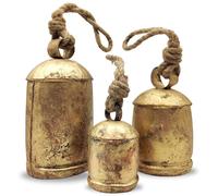 Carfar Handicrafts Giant Vintage Rustic Tin Metal Cow Bells Set of 3 Wall Hanging Décor Huge Rustic Handmade Bells On Jute Rope