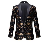 CARFFIV Men Fashion Colorful Pattern Sequins Suit Jacket (Black Gold, XL)