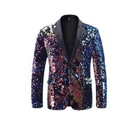 CARFFIV Men Fashion Colorful Pattern Sequins Suit Jacket (Blue, XL)
