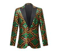 CARFFIV Men Fashion Colorful Pattern Sequins Suit Jacket (Green, XXL)