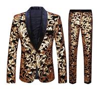 CARFFIV Men Fashionable Floral Pattern Sequins Two Pieces Set Suits (Black, 3XL)