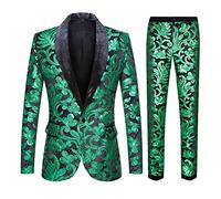 CARFFIV Men Fashionable Floral Pattern Sequins Two Pieces Set Suits (Green, L)