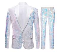 CARFFIV Men Fashionable Floral Pattern Sequins Two Pieces Set Suits(M, Map White)