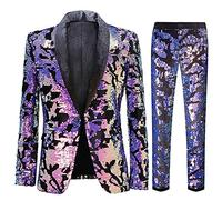 CARFFIV Men Fashionable Floral Pattern Sequins Two Pieces Set Suits (Map Purple, L)