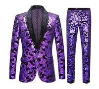 CARFFIV Men Fashionable Floral Pattern Sequins Two Pieces Set Suits (Purple, 3XL)