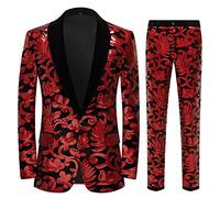 CARFFIV Men Fashionable Floral Pattern Sequins Two Pieces Set Suits,Red,3XL