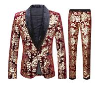 CARFFIV Men Fashionable Floral Pattern Sequins Two Pieces Set Suits (Red Wine, 3XL)