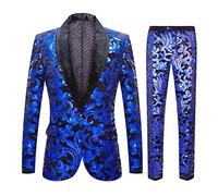 CARFFIV Men Fashionable Floral Pattern Sequins Two Pieces Set Suits(S, Royal Blue)