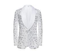 CARFFIV Men's Sequins Velvet Stage Party Prom Wedding Dinner Symmetry Suit Jacket Blazer,White,L