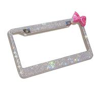 Carfond 7 Row Pure Handmade Waterproof Bling Bling Rhinestones Stainless Steel Metal License Plate Frame with 2 Holes Bonus Matching Screws & Caps (Clear/peachred bowknot)