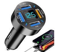 Cargador De Coche USB C - Adaptador De Carga Rápida 66 W, Cargador USB De 4 | Puertos, Cargador PD QC 3.0 | Pantalla Digital LED Con Monitoreo De Voltaje De Batería, Estación De Carga Para Teléfonos, Tab