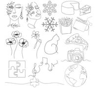 CARGEN Minimalist Line Art Temporary Tattoos - 2 Sheets 17 Design Single Line Stickers Pizza Cheese Fries Clapboard Puzzle Snowflake Flower Lady Face Musical Notes Fake Tattoos for Girls Women