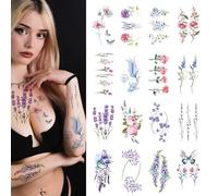 CARGEN Watercolor Flower Temporary Tattoo -16 Sheets of Lavender Small Flower Violet Butterfly Rose Tulip Fake Tattoo Waterproof Art for Children Girls Women Face Body Arms