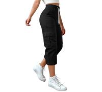 Cargo Capri Trousers For Women Drawstring Elasticated Waist Straight Leg Cropped Trouser Cotton Summer Casual Walking Trousers Hiking Combat Joggers Lightweight 3/4 Length Capri Pants With Pockets