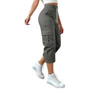 Cargo Capri Trousers For Women Drawstring Elasticated Waist Straight Leg Cropped Trouser Cotton Summer Casual Walking Trousers Hiking Combat Joggers Lightweight 3/4 Length Capri Pants With Pockets