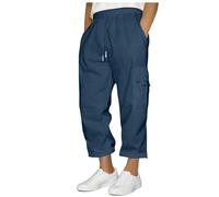 Cargo Cropped Trousers for Men UK Sale Clearance, Drawstring Elasticated Waist Sweatpants, Three Quarter Length Trousers Casual Cotton Capri Pants Chino Shorts Multi Pockets Work Jogging Bottom