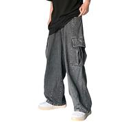 Cargo Denim Pants for Men Casual Loose Fit Hip Hop Baggy Jeans Vintage Distressed Wide Leg Jean Trousers with Pockets, Grey, Medium