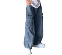 Cargo Denim Pants for Men Casual Loose Fit Hip Hop Baggy Jeans Vintage Distressed Wide Leg Jean Trousers with Pockets, Blue, Large