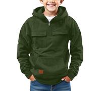 Cargo Hoodies for Boys Tactical Sweatshirt Quarter Zip Cargo Pullover Hoodies Workout Gym Teen Boys Fashion Outdoor Hoodie Autumn Winter Loose Fit Casual Pullover with (Blackish Green, 14-15 Years)