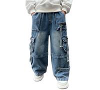 Cargo Jeans for Boys Wide Leg Baggy Pants Elastic Waist Summer Trousers with Multi Pockets Kids Straight Leg Denim Pant (Light Blue, 11-12 Years)