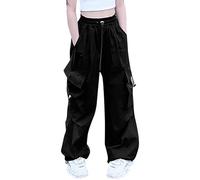 Cargo Pants for Girls Casual High Waisted Drawstring Loose Fit Pockets Kid Cargo Sweatpants Girls Without Pants Contrast Pants Women Black