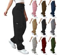 Cargo Pants For Women UK High Waist Combat Trousers With Multiple Pockets Solid Color Drawstring Tracksuit Bottoms Baggy Lightweight Wide Leg Trousers Ladies Casual Jogging Pants Hiking Walking
