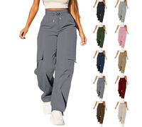 Cargo Pants For Women UK High Waist Combat Trousers With Multiple Pockets Solid Color Drawstring Tracksuit Bottoms Baggy Lightweight Wide Leg Trousers Ladies Casual Jogging Pants Hiking Walking