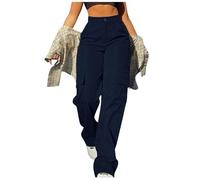 Cargo Pants for Women UK Y2k Baggy Elastic High Waist Wide Leg Workwear Trousers Solid Color Casual Relaxed Hiking Walking Combat Streetwear Outdoor Sweatpants with Side Pockets (A-Navy, XXL)