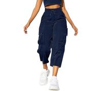 Cargo Pants Women Cropped Trousers Women Summer Cargo Capri Joggers Drawstring Y2k Baggy Workwear Pants Ladies Casual Relaxed Walking Combat Streetwear Sweatpants with Side Pockets (Navy, XXL)